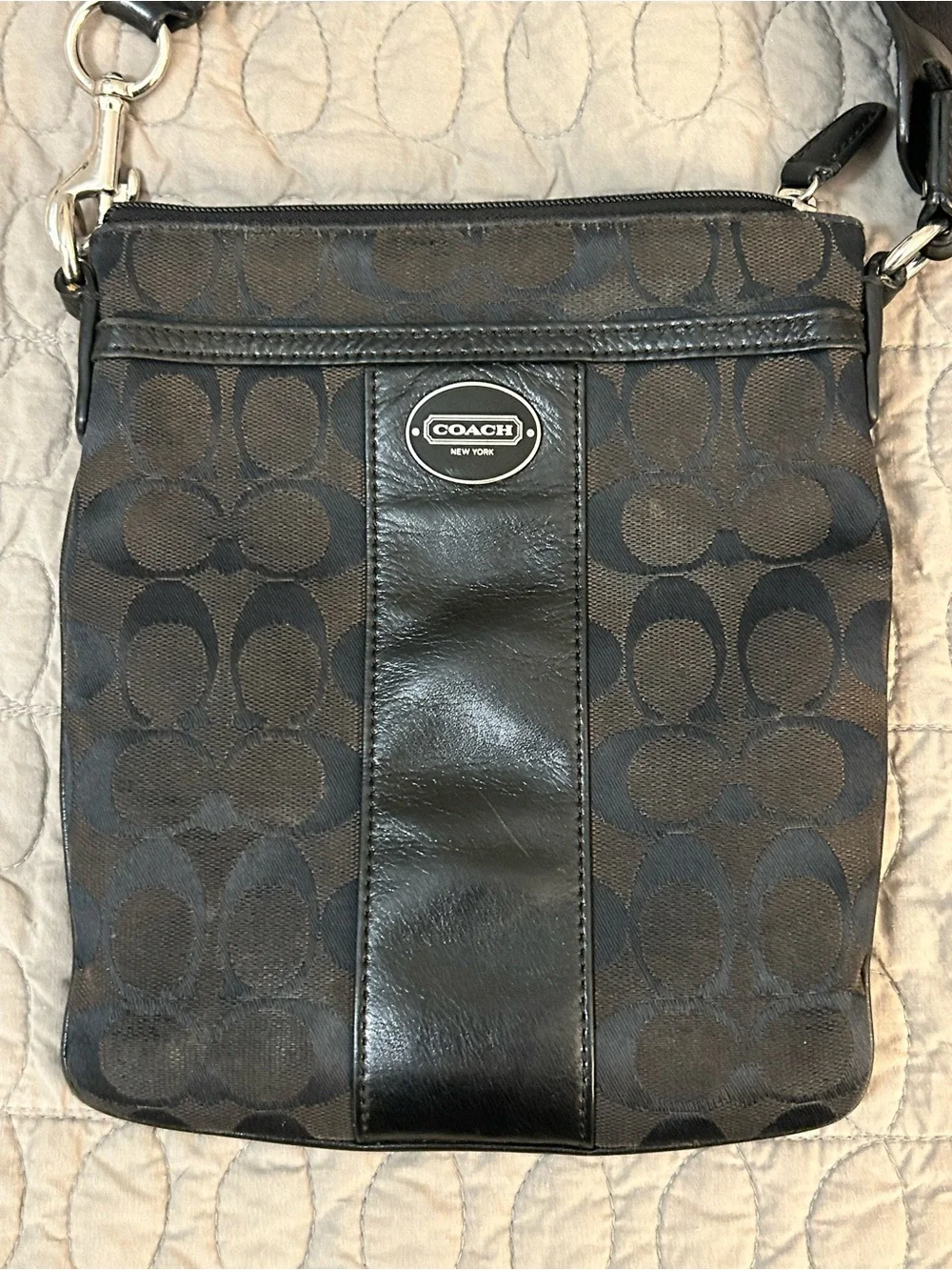 Coach Signature Black Jacquard File Crossbody Bag Leather Trim